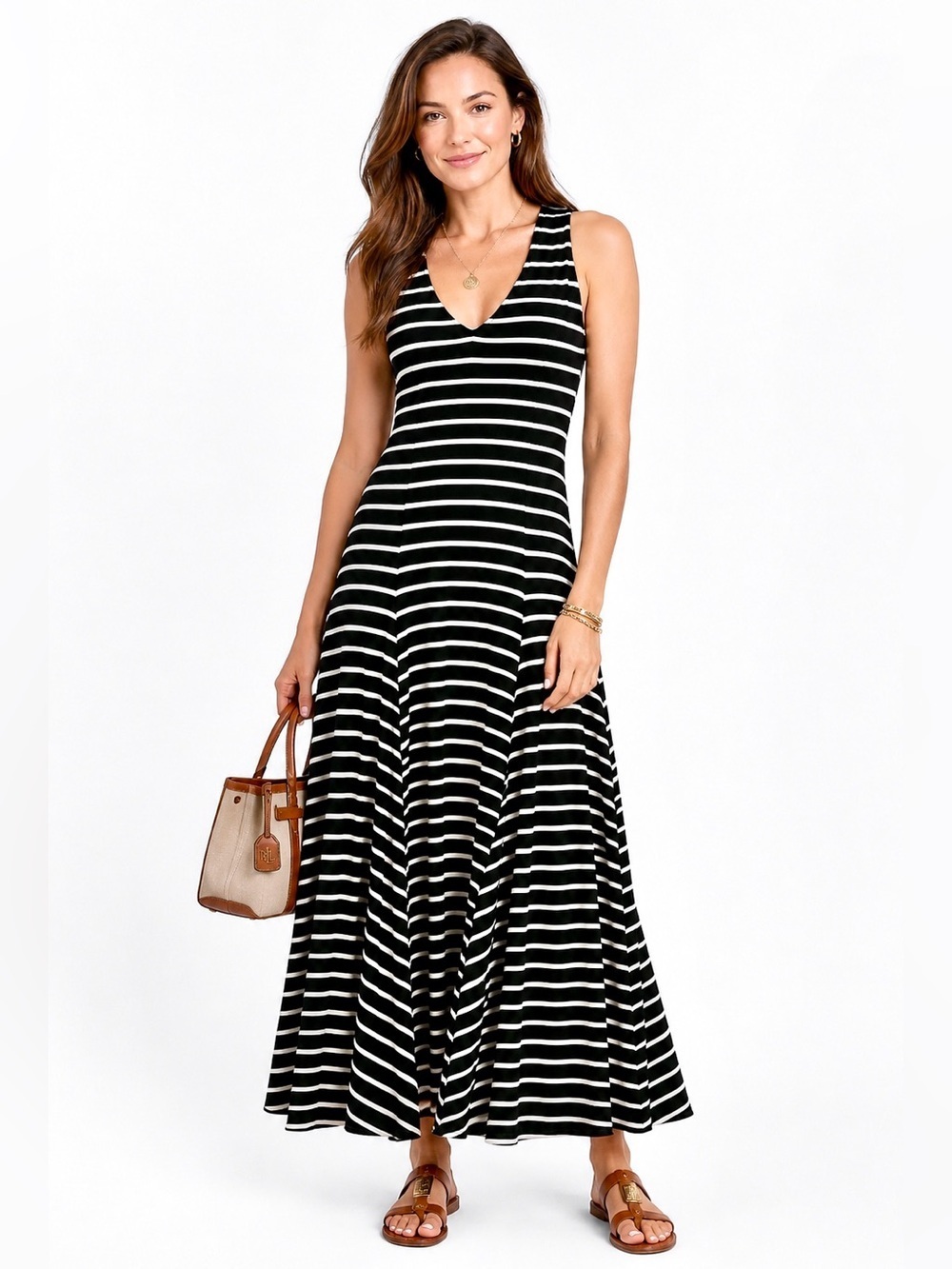 LAUREN RAPLH LAUREN striped black white soft jersey swing skirt maxi dress M